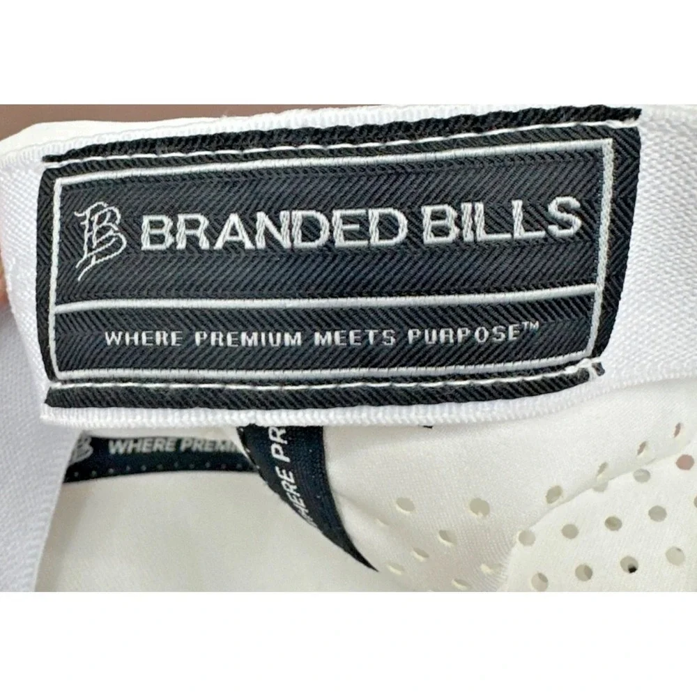 Branded Bills white mens golf hat hook and loop adjust flexfit logo